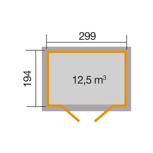Grundriss Weka Holz-Gartenhaus 323: 299x194 cm, 12,5 m³ Volumen. Ideal für Garten Geräte und Möbel.