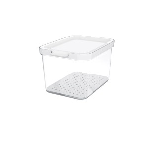 Rotho Kühlschrankorganizer Cauma 2,15 l, transparent mit weißem Deckel und Abtropfeinsatz.