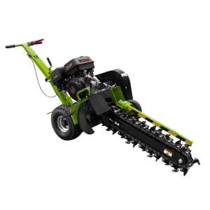 Grün-schwarze Zipper Grabenfräse ZI-GRF1000. Leistungsstarke Baumaschine mit Benzinmotor und Fräskette.