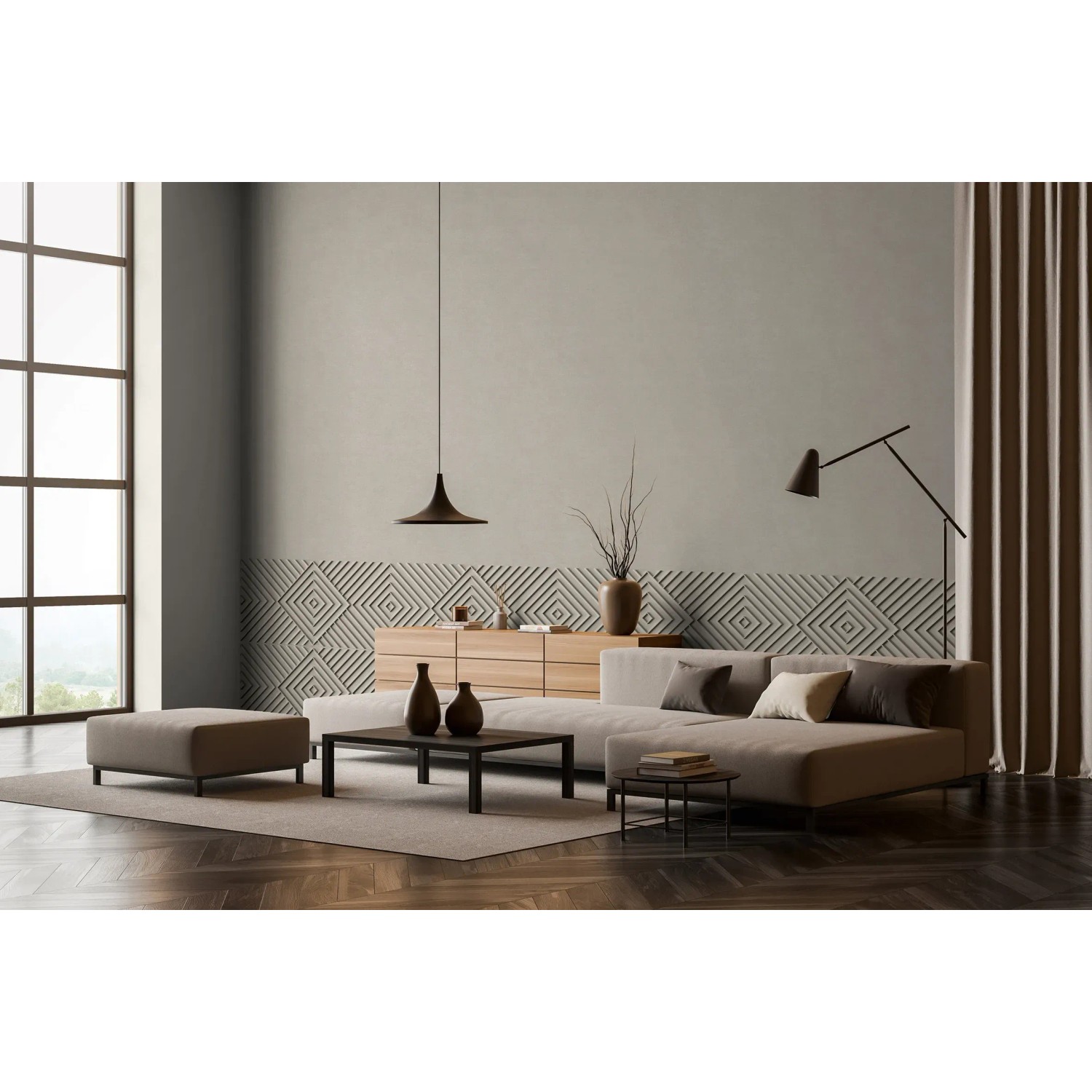 Wohnraum mit grauer Marburg Vliestapete Shades Iconic 10 mit grafischem Muster.