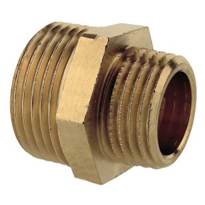 Messing Reduzier-Doppelnippel, 26,4 mm (3/4 AG) x 21 mm (1/2 AG) für Gewindefittings.