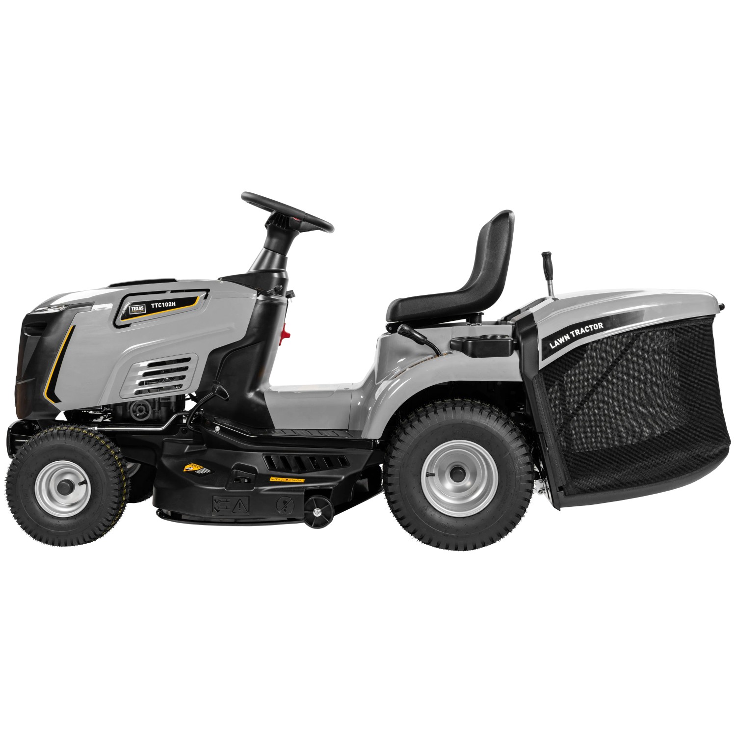 Texas Benzin-Rasentraktor Premium TTC102H, Rasentraktor mit Fangkorb, Seitliche Ansicht.