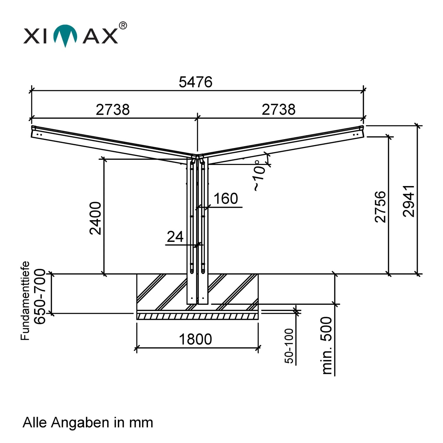Technische Zeichnung: Ximax Carport Linea-60 Y-Ausführung im Edelstahl-Look mit Maßangaben.