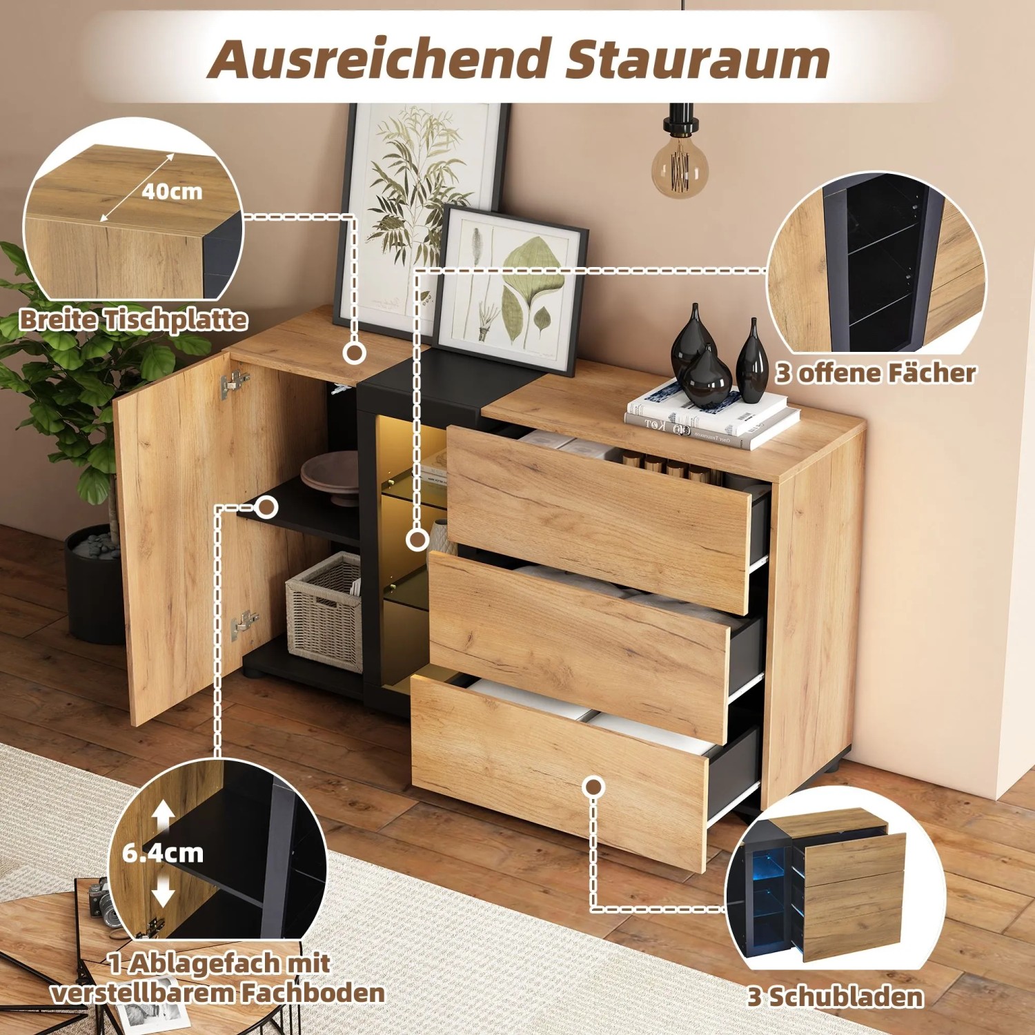 okwish Sideboard mit 3 Schubladen Glas Stauraum Wohnzimmer 140x40x80 cm Natur_8