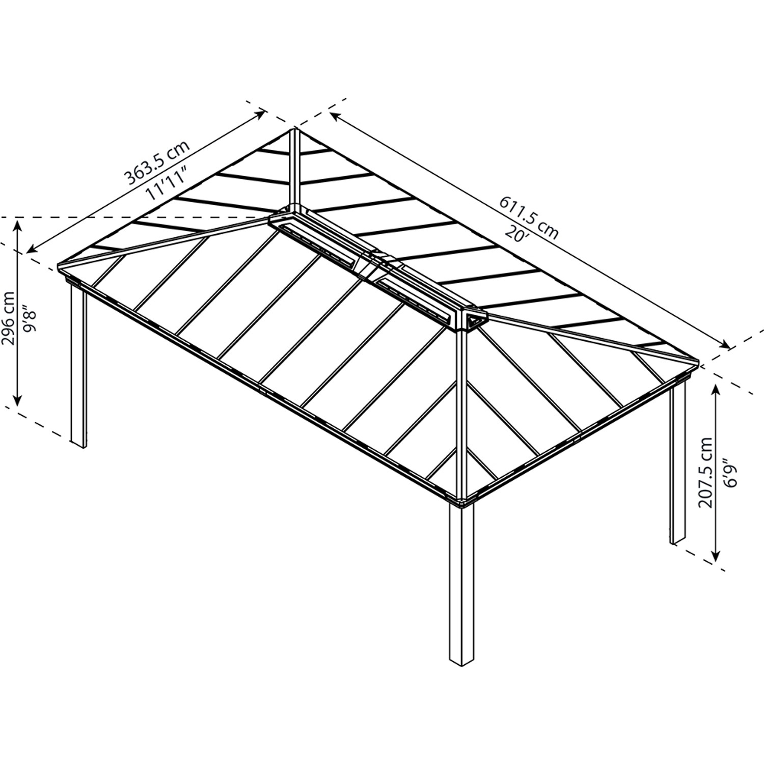Technische Zeichnung: Palram Canopia Dallas 4.3 x 6.1 Gartenpavillon, Maße und Details.