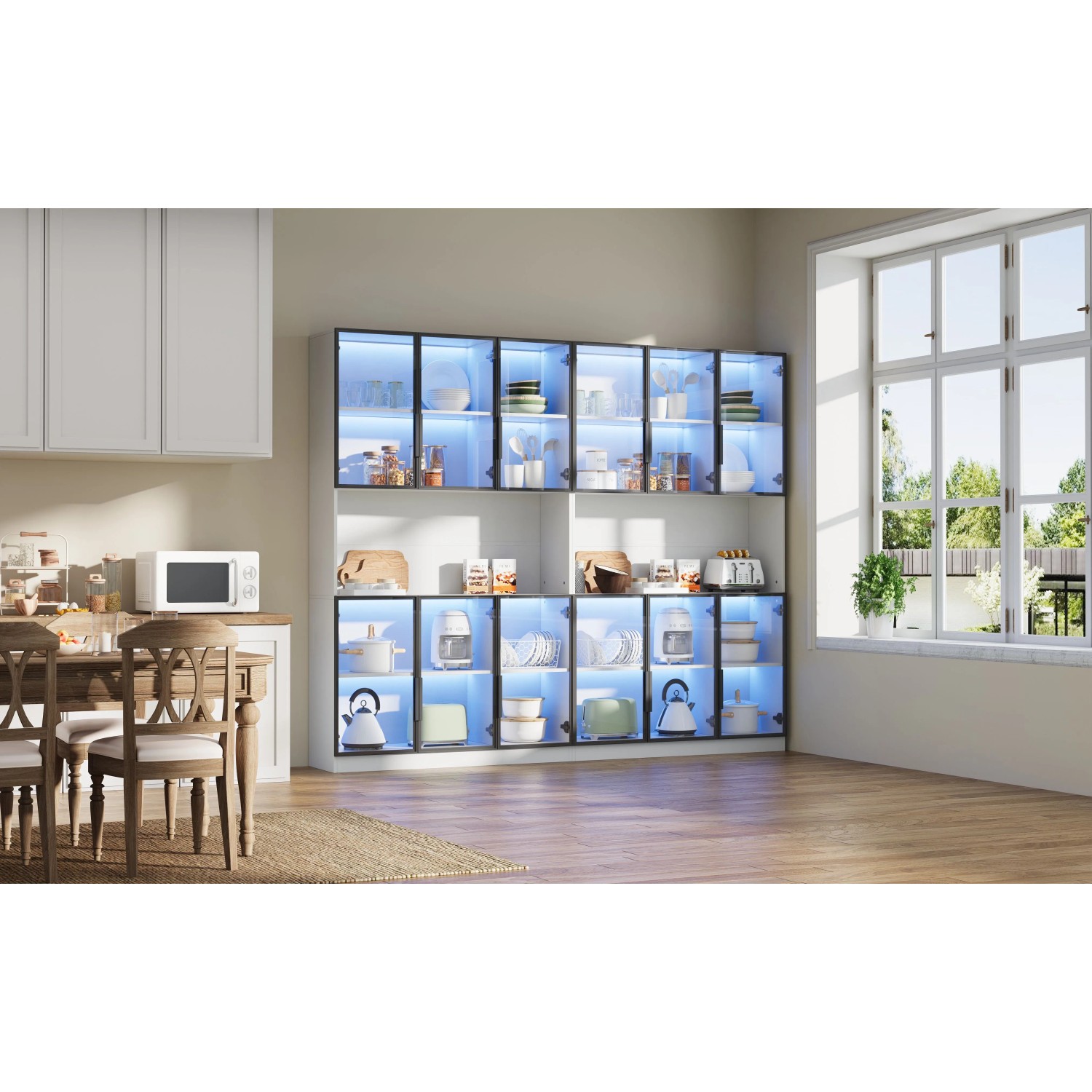 okwish Vitrine mit LED Beleuchtung Schranktüren Stauraum Wohnzimmer 240x34x200cm Weiß_9