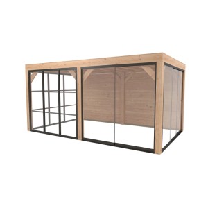 Moderne weka Gartenlaube Lumley aus Fichte mit Flachdach, Glasschiebetüren und Holzrückwand. Ideal als Terrassenüberdachung.
