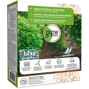 GROW by OBI Langzeit Buchsbaum- und Ilex-Dünger, 1,2kg Packung für dichten, grünen Wuchs.