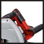 Detailaufnahme: Einhell TE-PS 165 Tauchsäge, Handkreissäge mit rotem Gehäuse und schwarzem Griff.