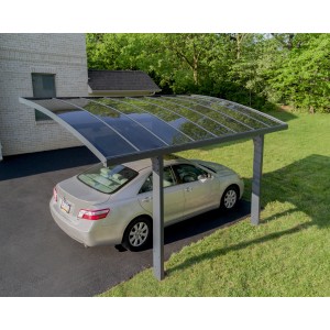 Palram Canopia Arizona Breeze Carport in Anthrazit mit Auto darunter. Aluminiumkonstruktion mit Polycarbonat-Dach.
