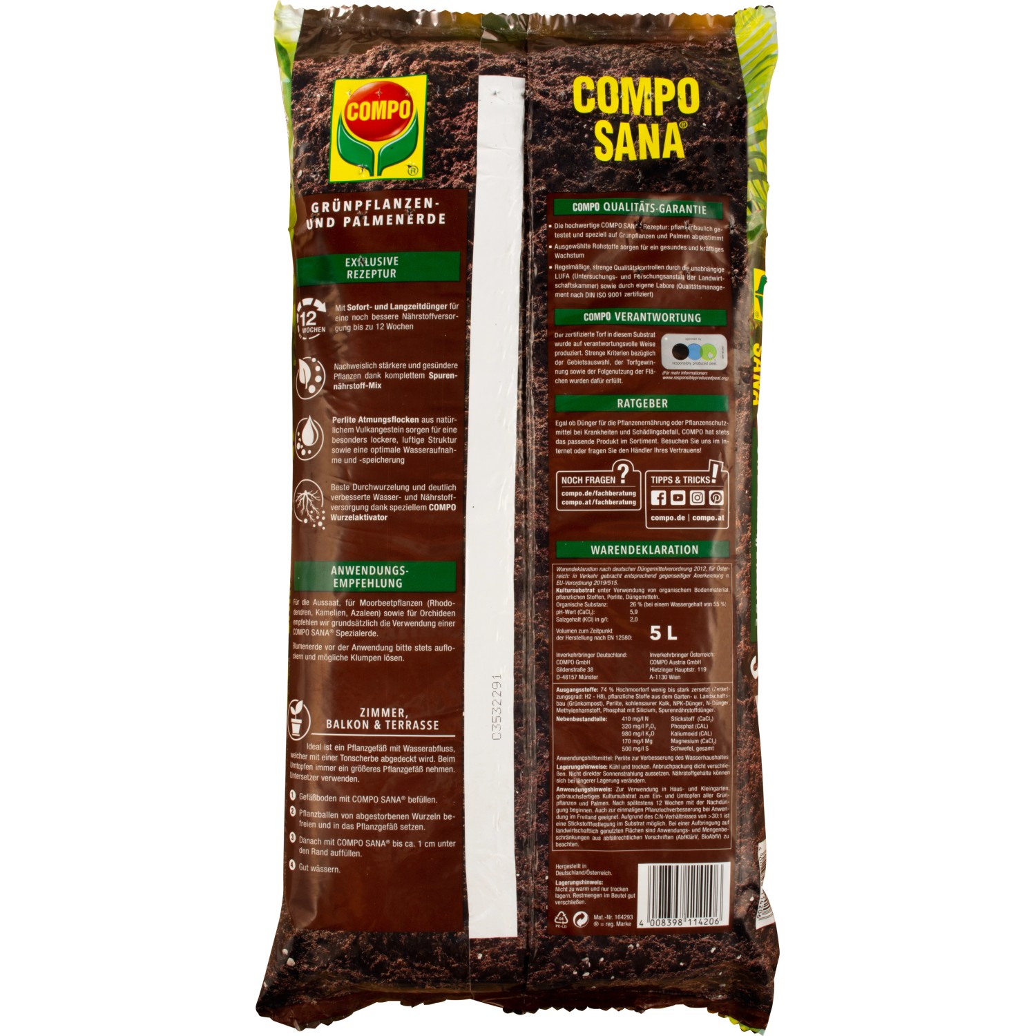 Compo Sana Grünpflanzen- und Palmenerde, 5 Liter Sack für Zimmer, Balkon und Terrasse.