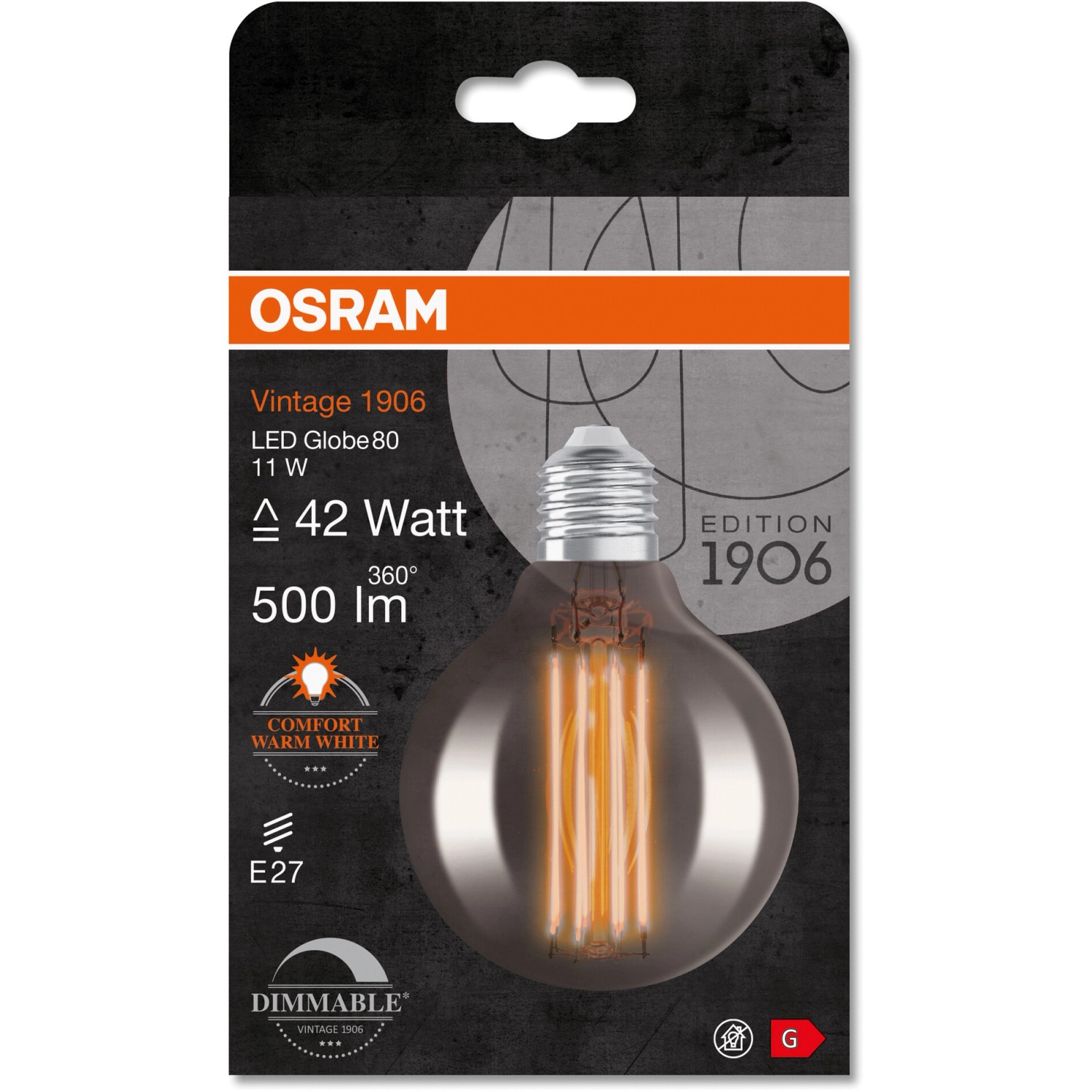 Osram LED-Leuchtmittel E27 Globe, 11W, extra warmes Licht, 500lm. Dimmbare LED Lampe in Globeform.