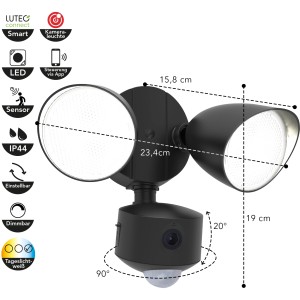 Lutec LED-Kameraleuchte Draco, 2-flammig, mattschwarz. Außenwandleuchte mit App-Steuerung und Bewegungsmelder.