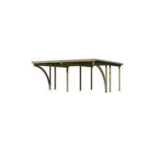 Karibu Doppelcarport aus Holz mit PVC-Dachplatten und stabilen Pfosten.
