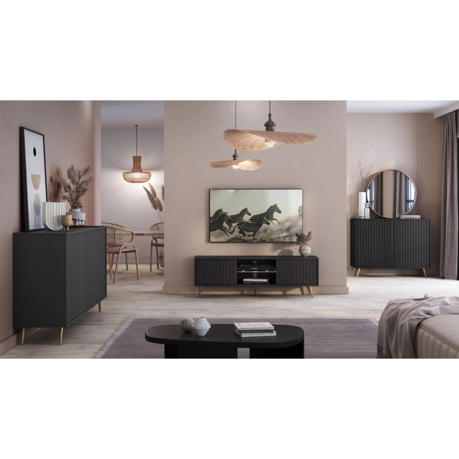 Schwarzes Selsey Sideboard Bello, 154 cm, mit Lamellenfronten und goldenen Beinen im modernen Wohnzimmer.