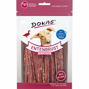 Dokas Entenbrust Streifen, 70g, Hunde-Kaustreifen aus 100% Ente im wiederverschließbaren Beutel.