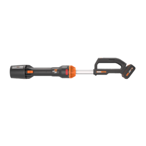 Worx Akku-Laubbläser WG543E in Schwarz-Orange mit 20V PowerShare Akku. Handliches Gartengerät für effiziente Laubentfernung.