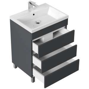 Posseik Fellini 60 Stand-Badmöbel in Grafit mit 3 Schubladen und Mineralgusswaschbecken.