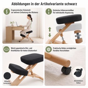 Ergonomischer MCW Kniestuhl Q46 in Schwarz mit Holzgestell, höhenverstellbar und Rollen. Fördert gesunde Sitzhaltung.
