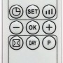 Fernbedienung für OBI Keramik-Wandheizlüfter, silberfarben, mit Tasten für Timer, Temperatur und Modus.
