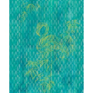Komar Vlies Fototapete Wild Flamingo, 200x250 cm, mit Flamingo und Bambus auf türkisem Grund.