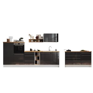 Respekta Inselküche Gabriel 320 cm, grau hochglanz, mit Muldenlüfter und Elektrogeräten.