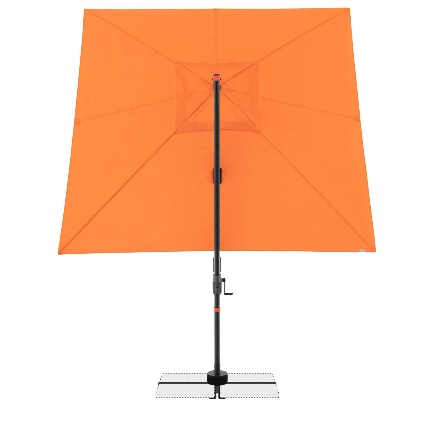 Quadratischer, orangefarbener Doppler Ampelschirm MyZone mit Dreh- und Neigungsfunktion.