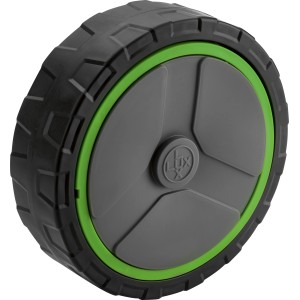 Ersatzrad für LUX Akku-Rasenmäher, schwarz/grau mit grünem Akzent.