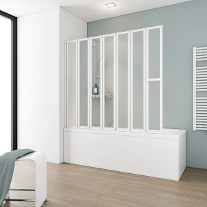 Schulte Badewannenaufsatz Softline hell, 7-teilig, weiß, 159x140 cm. Badewannenabtrennung mit Handtuchhalter.