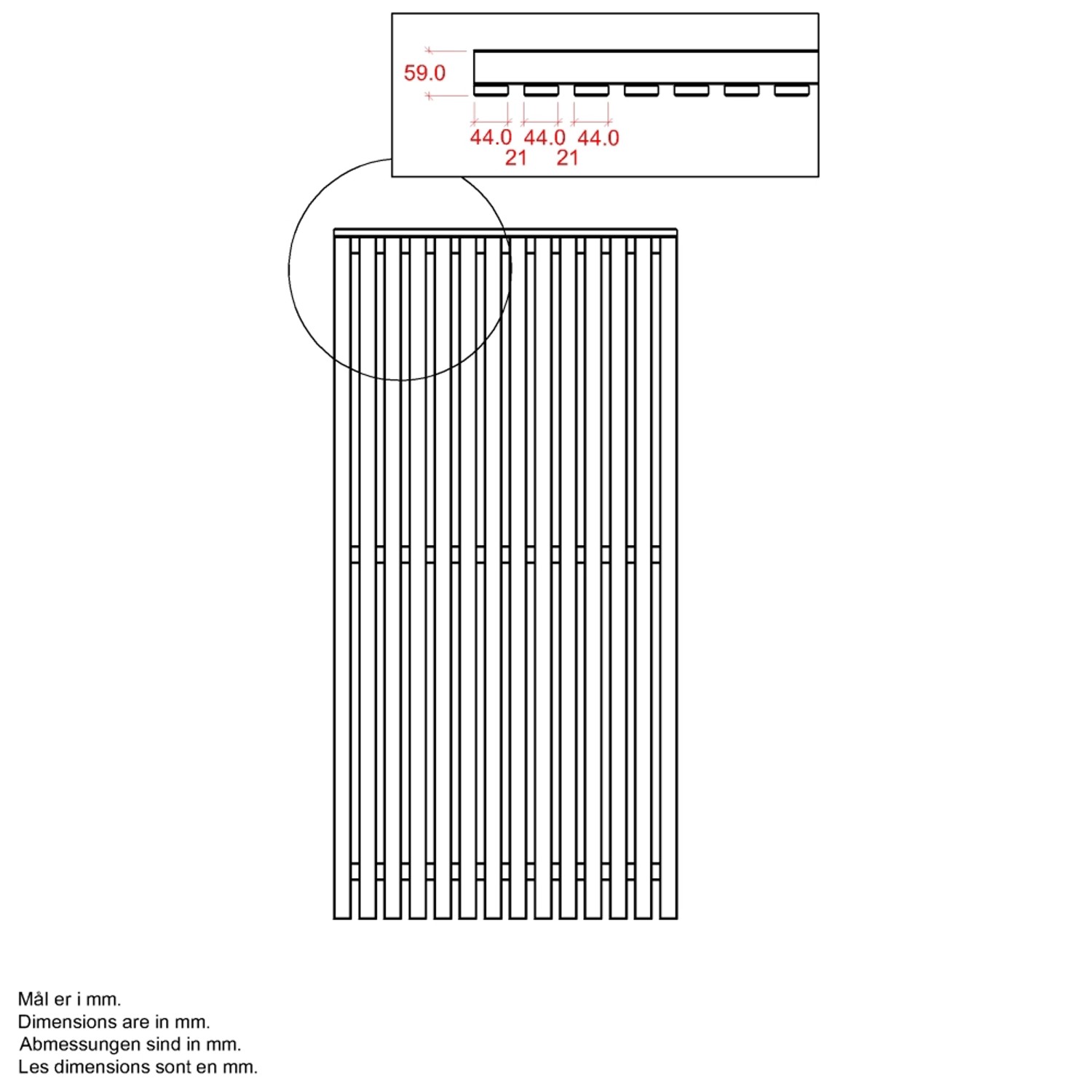 Technische Zeichnung: Schwarzer Sichtschutzzaun Sendai aus Nadelholz, 90x180 cm, mit Maßangaben.