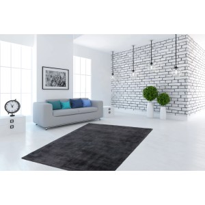 Moderner, graphitfarbener Teppich (200x290 cm) mit weicher Viskose-Oberfläche im Wohnzimmer.