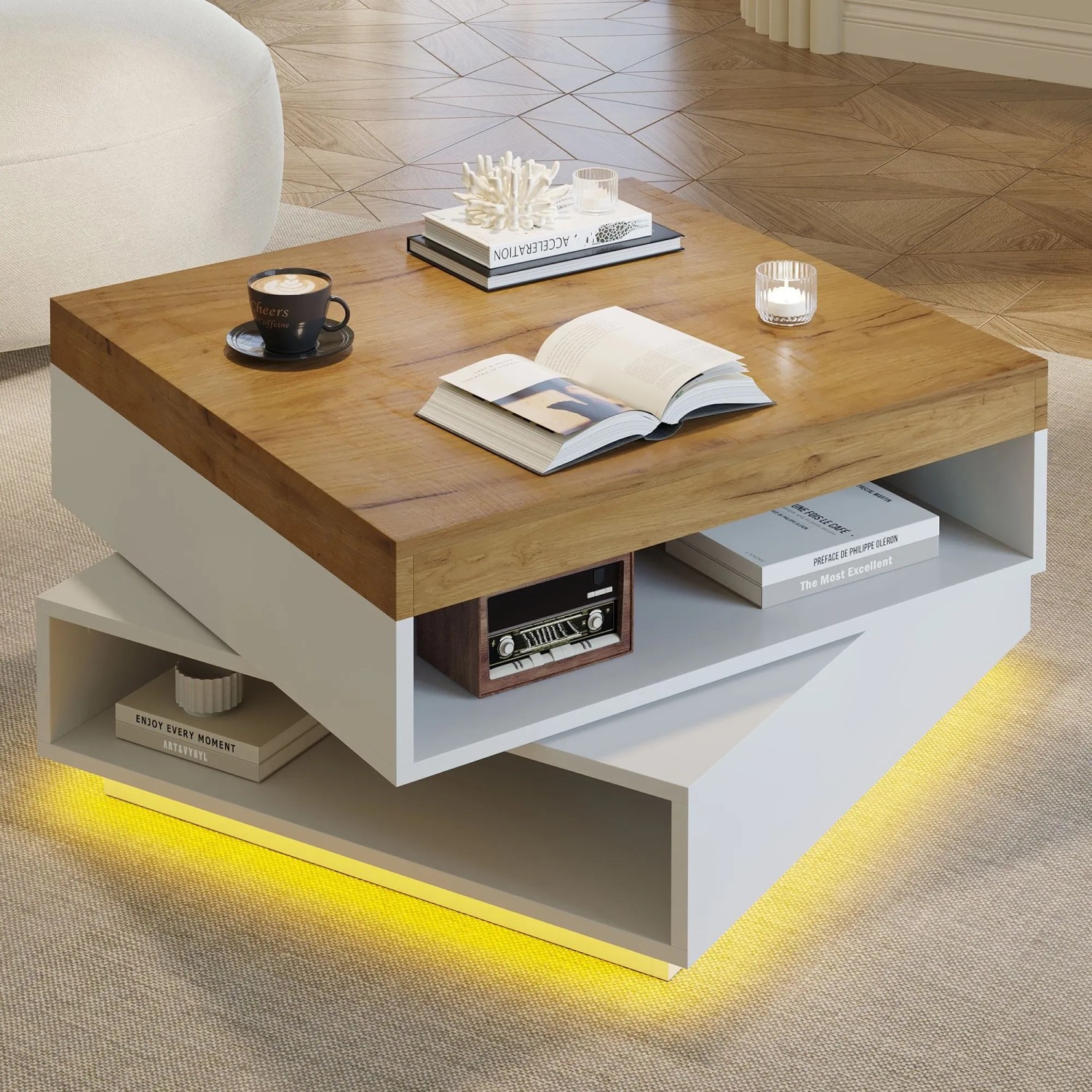 okwish Couchtisch mit LED Schubladen Drehbar 65x65x40cm Hochglanz Weiß_4