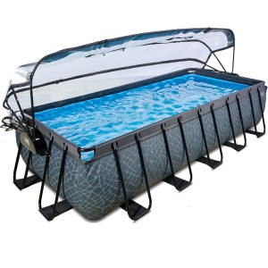 Rechteckiger EXIT Stone Pool, 540x250x100cm, grau mit Steinmuster, inklusive Sandfilterpumpe und Poolabdeckung.