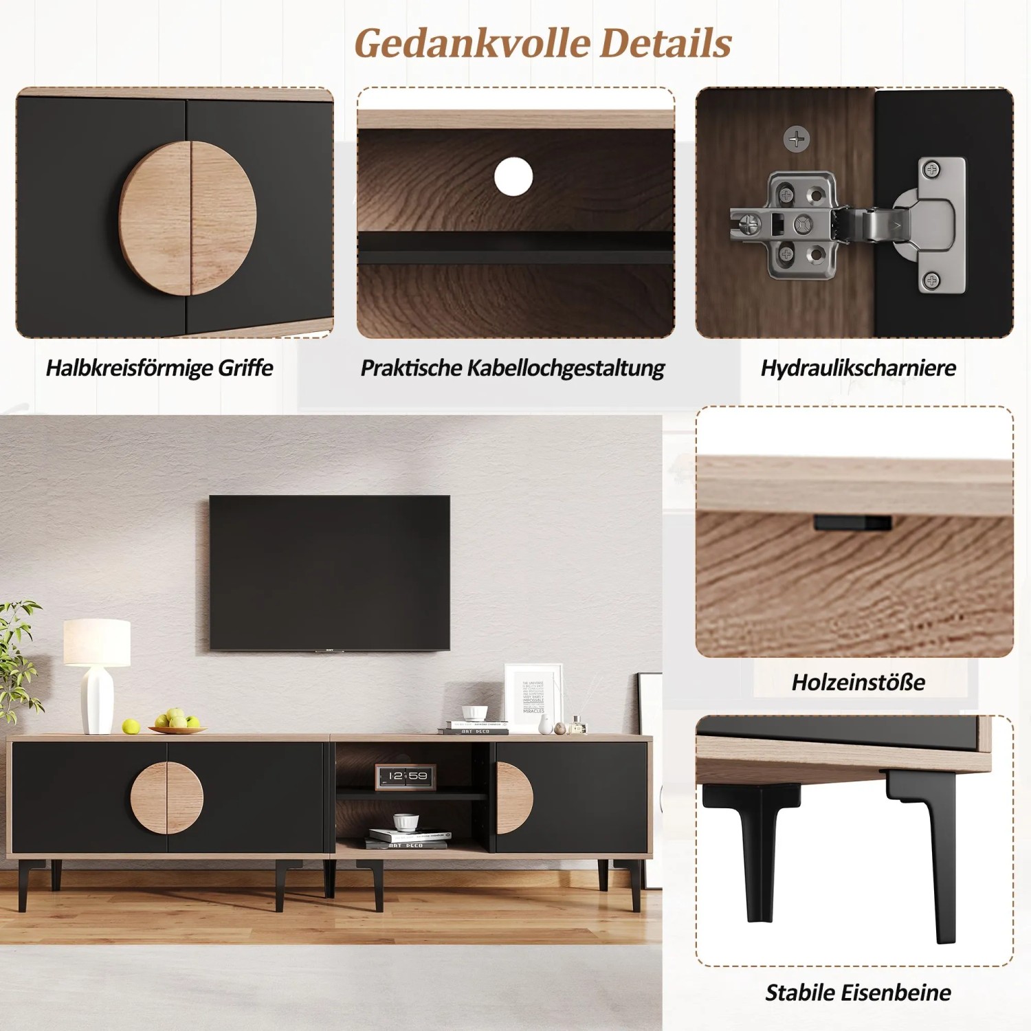 okwish TV Schrank mit Stauraum Fächern Wohnzimmer 180x35x49cm Natur_7