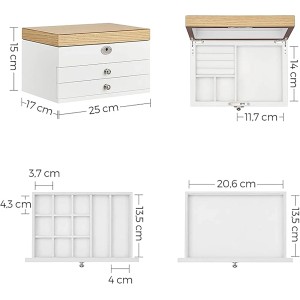 Songmics Schmuckkästchen Anicia, 3 Ebenen, weiß-beige, mit Maßangaben für Aufbewahrungsboxen.