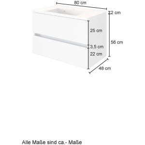Maße des Held Möbel Einzelwaschtisch Bari 80 cm, Weiß Matt mit Softclose, Einzelwaschtisch