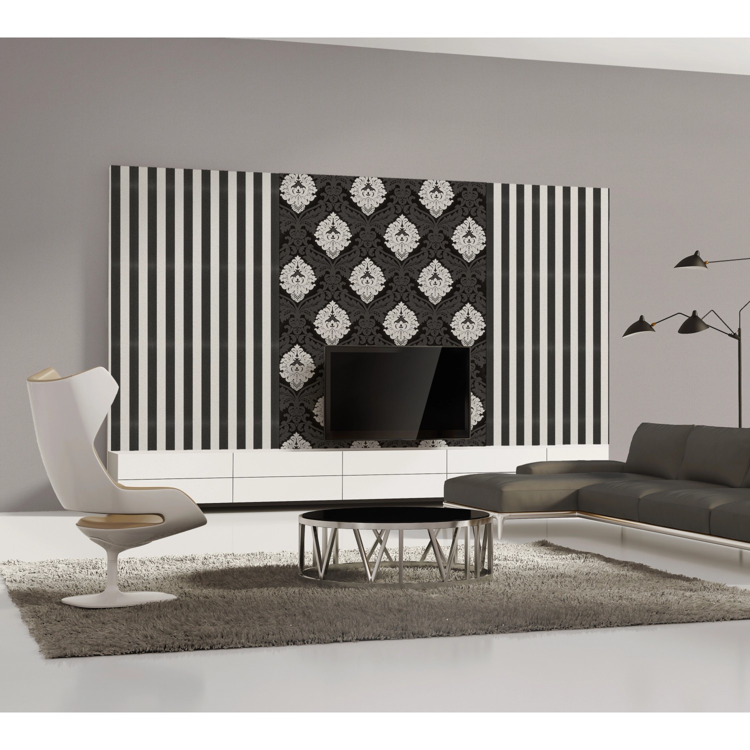 Wohnraum mit A.S. Création Vliestapete Bling Bling Ornament in Schwarz-Weiß.