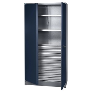 Küpper Materialschrank, dunkelblau, mit 2 Türen, 3 Einlegeböden und 10 Schubladen.