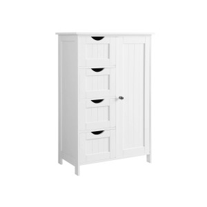 Weißes Vasagle Sideboard mit 4 Schubladen und einer Tür. Ideal als Badezimmerschrank.