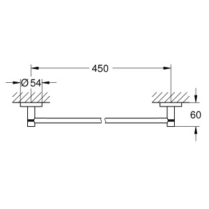 Technische Zeichnung: Grohe Essentials Badetuchhalter, 45cm, Chrom, verdeckte Befestigung.