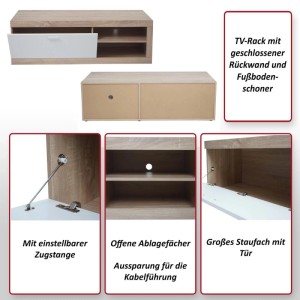 MCW TV-Rack L33 in Eiche-Optik mit Staufach, Tür und offenen Fächern.