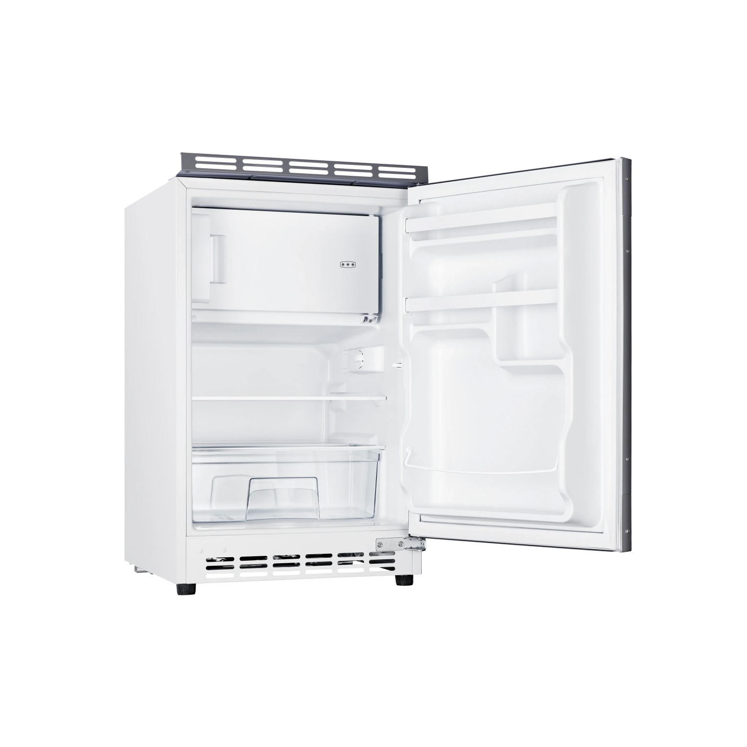 Geöffneter, weißer Unterbaukühlschrank mit Gefrierfach für Singleküche.