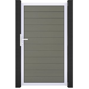 Graues GroJa Solid Tor, 150x180 cm, mit weißem Rahmen. Sichtschutzzaun Tor für den Garten.