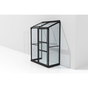 Schwarzes Vitavia Anlehn-Gewächshaus Ida 900 ESG mit Glas und Aluminiumprofilen.