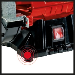 Detailaufnahme Einhell Stand-Bandschleifer TC-US 350: Gummifuß, Schalter, Schleifscheibe.