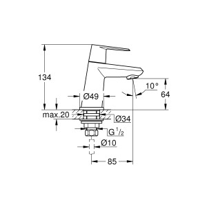 Technische Zeichnung: Grohe Eurodisc Cosmopolitan XS-Size Standventil, Maße und Details.