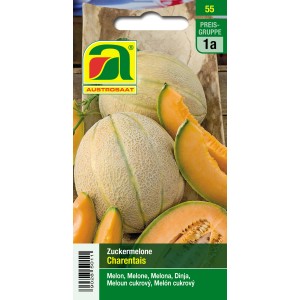 Saatgutpackung Zuckermelone Charentais mit reifen Melonen und Melonenstücken.