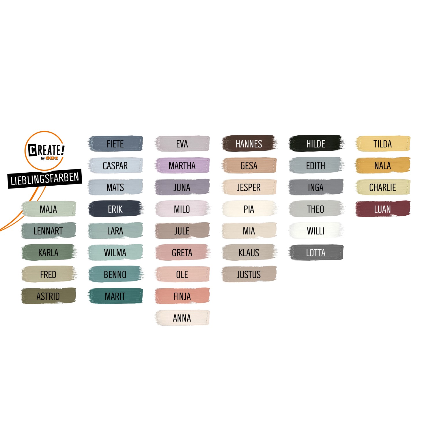 Farbmusterkarte CREATE! by OBI Lieblingsfarben, verschiedene Farbtöne und Namen.