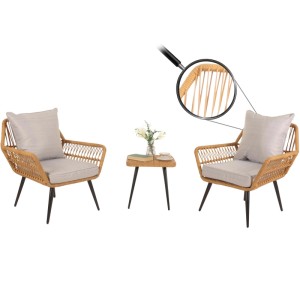 Helle MCW Poly-Rattan Gartenmöbel-Garnitur N34 mit zwei Stühlen, Tisch und grauen Polstern.