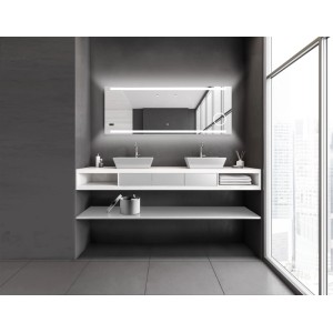 DSK Design LED-Lichtspiegel Silver Conde 160x60 cm im modernen Bad mit LED-Beleuchtung, Digitaluhr, Kosmetikspiegel.